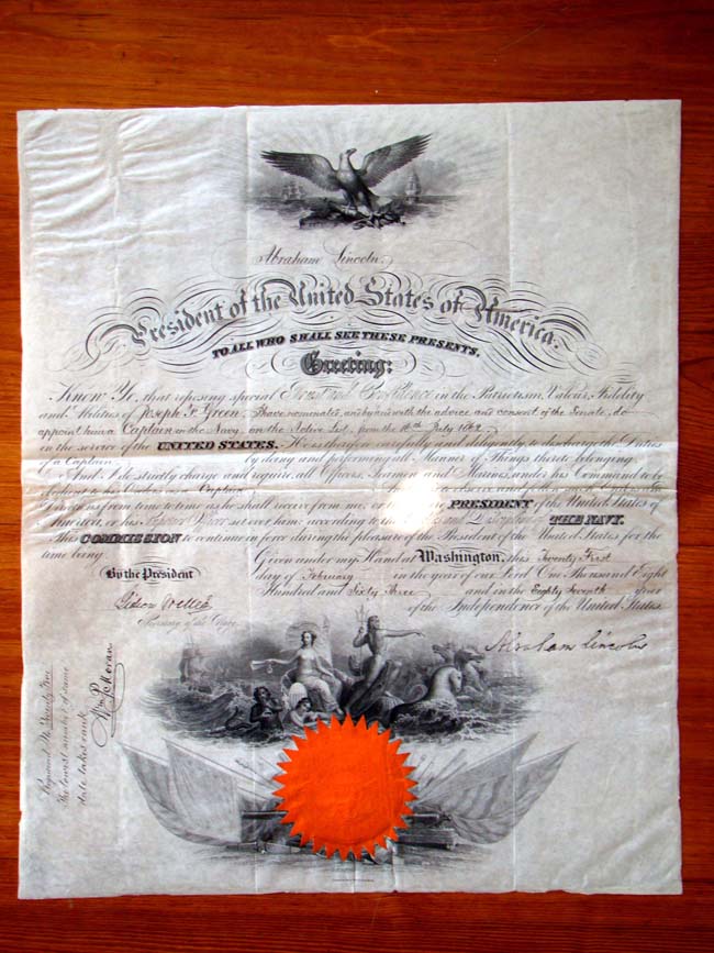 An historically important ABRAHAM LINCOLN signed Naval Commission for Capt. Joseph F. Green dated February 21, 1863.